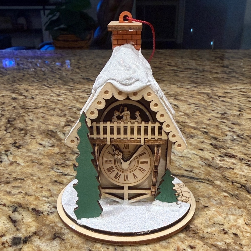 Disney Wooden Holiday Clock House Ornament with Green and White Accents